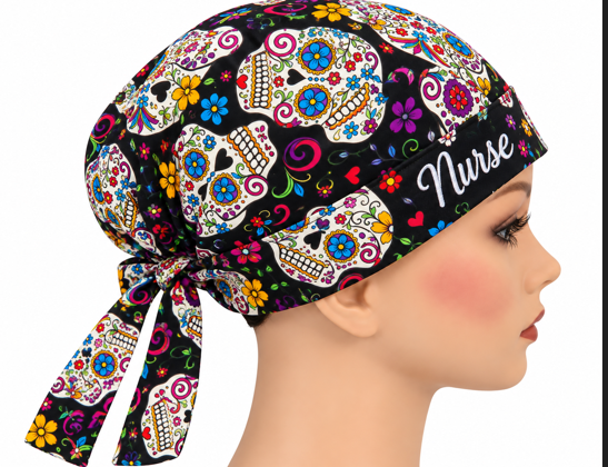 Day of the Dead TieBack Ponytail 100% Cotton Scrub Cap Free Embroidery