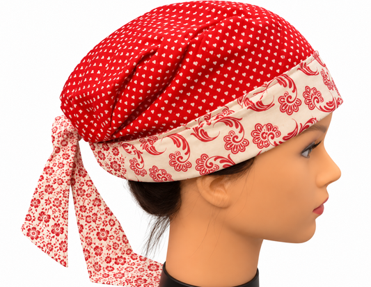 Red & White Multi Patterned Reversible 100% Cotton Scrub Cap Free Embroidery