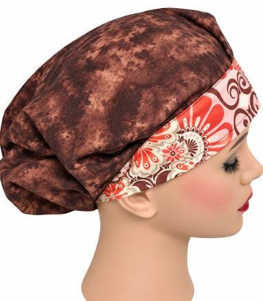 Marbled Brown with Peach Paisley Boufant Scrub Cap