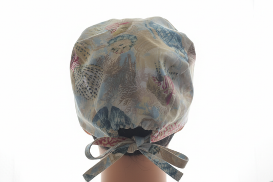 Brightened back view of sea serenade tie-back scrub cap