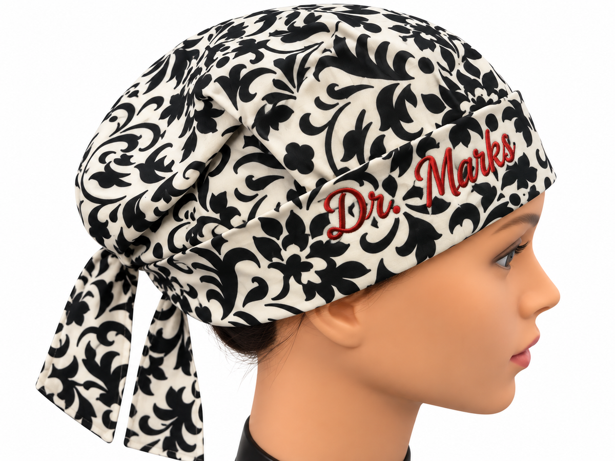 Black and White Damask Adjustable 100% Cotton Scrub Cap Free Embroidery