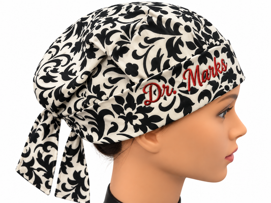 Black and White Damask Adjustable 100% Cotton Scrub Cap Free Embroidery