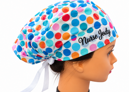 Dots, Dots, and More Dots! Ponytail 100% Cotton Scrub Cap Free Embroidery