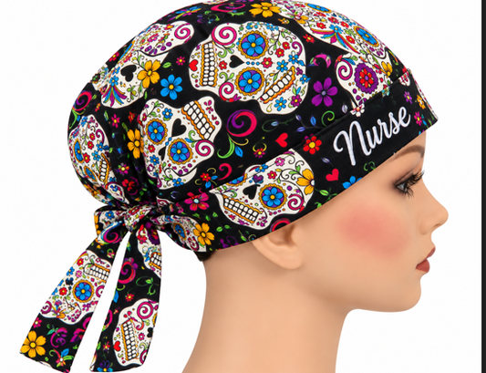 Day of the Dead TieBack Ponytail 100% Cotton Scrub Cap Free Embroidery