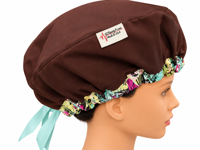 Chocolate Brown Reversible Bouffant Adjustable 100% Cotton Scrub Cap