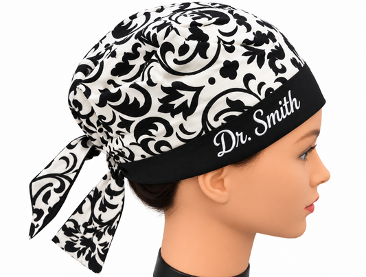 Black and White Damask Reversible Adjustable 100% Cotton Scrub Cap Free Embroidery