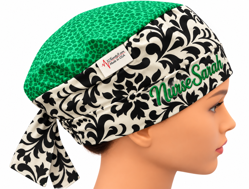 Black and White Damask Reversible Adjustable 100% Cotton Scrub Cap Free Embroidery