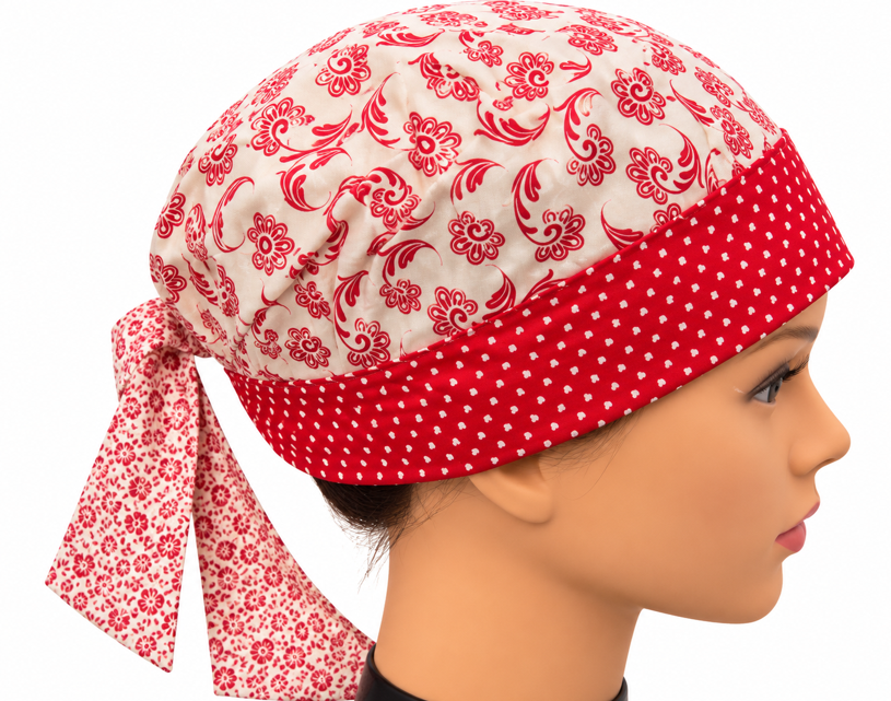 Red & White Multi Patterned Reversible 100% Cotton Scrub Cap Free Embroidery