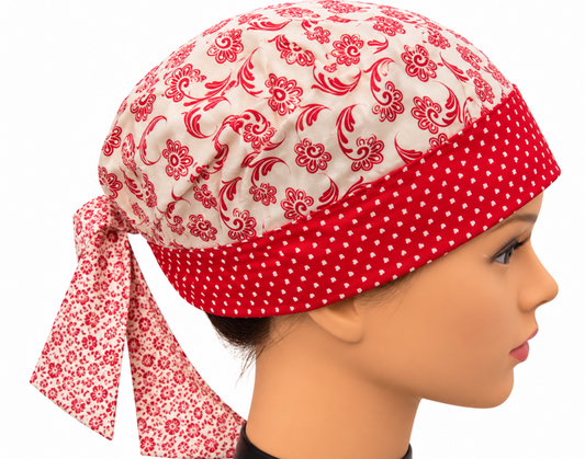 Red & White Multi Patterned Reversible 100% Cotton Scrub Cap Free Embroidery