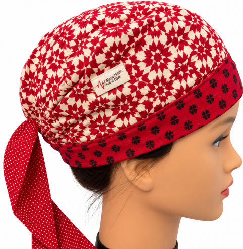 Red & White Multi Patterned Reversible 100% Cotton Scrub Cap Free Embroidery