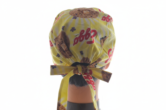 Back view of Eggo tie-back scrub cap