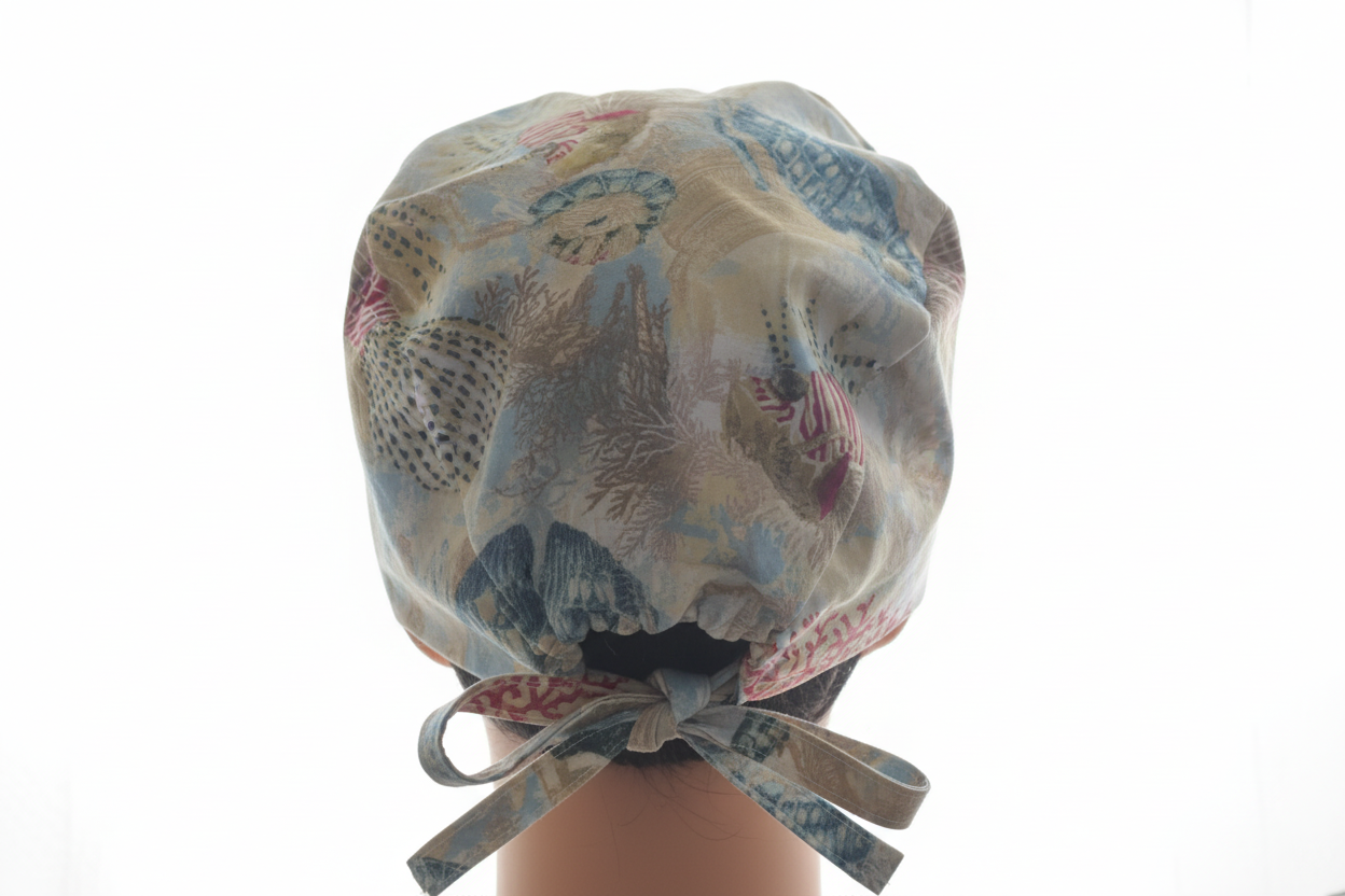 Brightened back view of sea serenade tie-back scrub cap