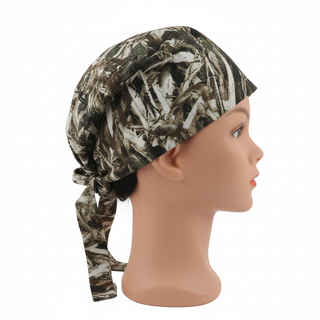 Camo tie-back scrub cap shown from left side