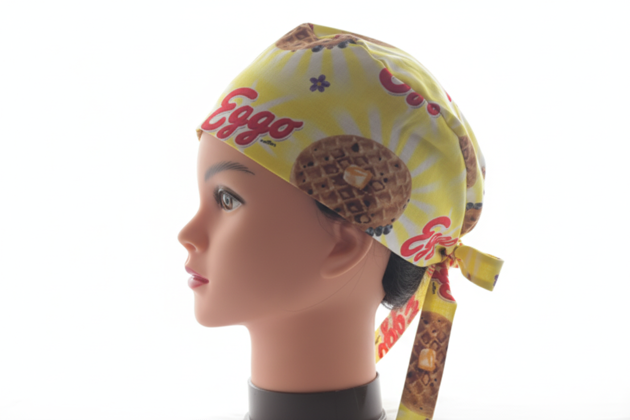 Left-facing view of Eggo tie-back scrub cap