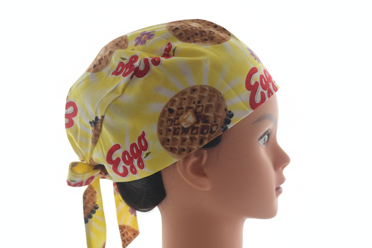 Yellow Eggo tie-back scrub cap
